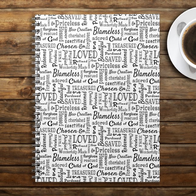 Christian Words of Affirmation Notebook (Words of Affirmation Notebook on Wooden Table with Coffee)