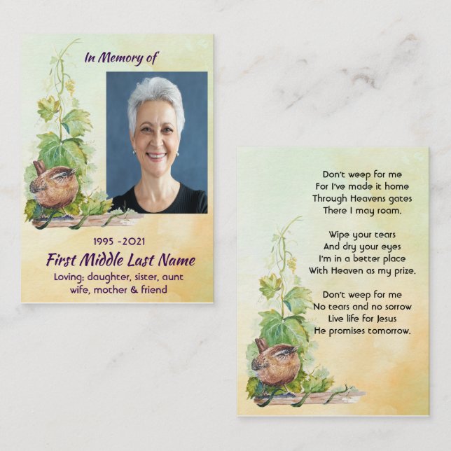 Christian Wren Bird Vineyard Memorial Keepsake Business Card (Front/Back)