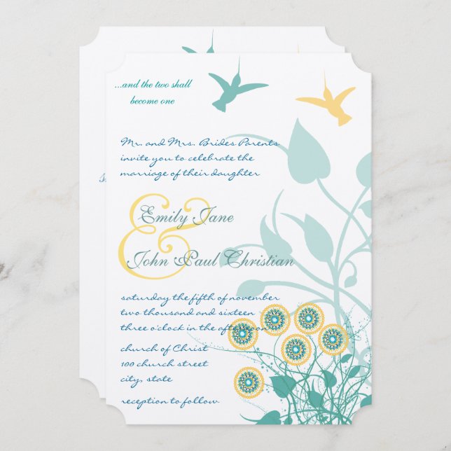 Christian Yellow & Teal Invitation Hummingbirds (Front/Back)