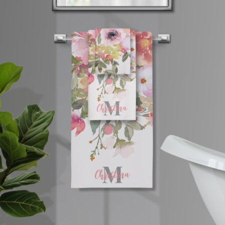 Christina Pink Watercolor Floral Monogrammed Bath Towel Set