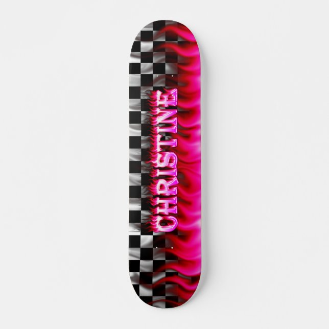 Christine skateboard pink fire and flames design. (Front)