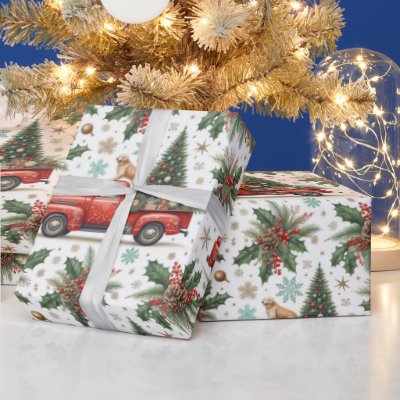 Christma Red Truck Dog &amp; Holiday Greenery  Wrapping Paper