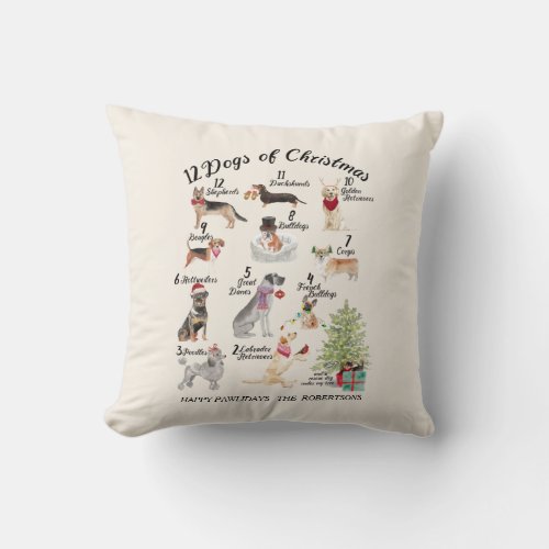 Christmas 12 Dogs of Christmas Holiday Decor Throw Pillow