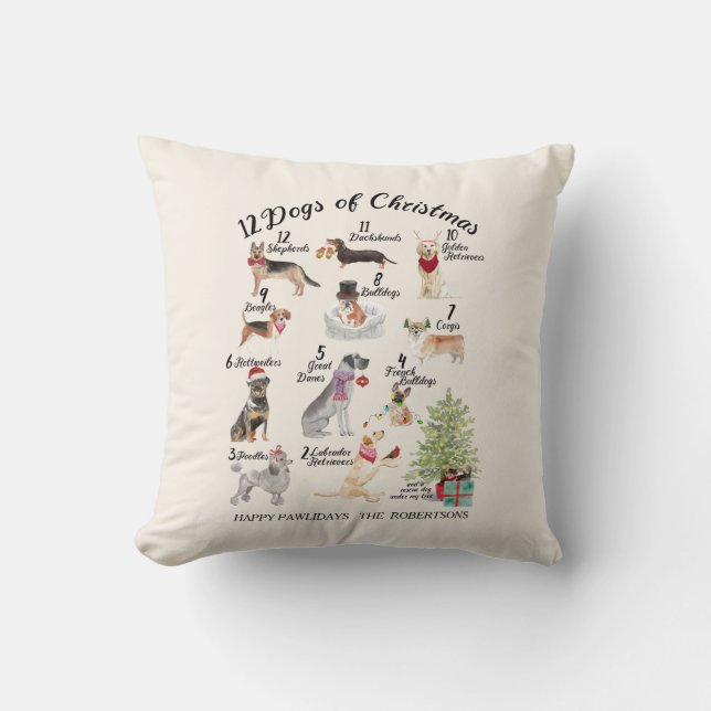 Christmas 12 Dogs of Christmas Holiday Decor Throw Pillow (Front)