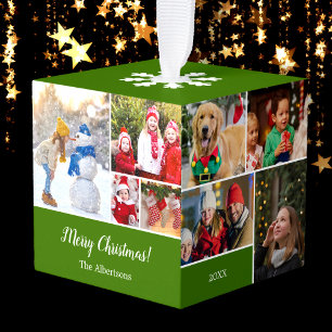 Christmas 15 Photo Collage with Family Name Green Cube Ornament