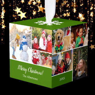 Christmas 15 Photo Collage with Family Name Green Cube Ornament