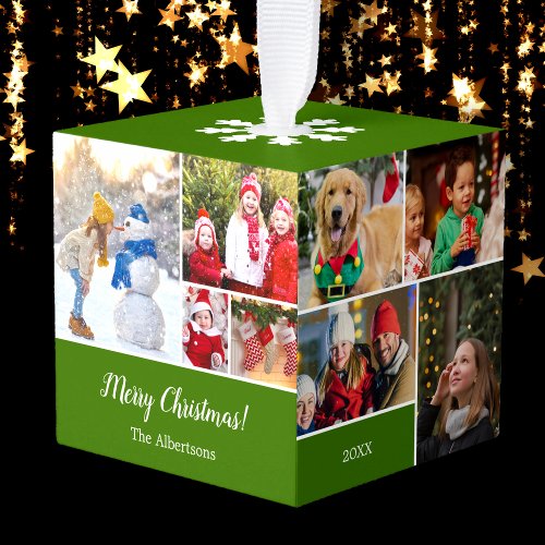 Christmas 15 Photo Collage with Family Name Green Cube Ornament