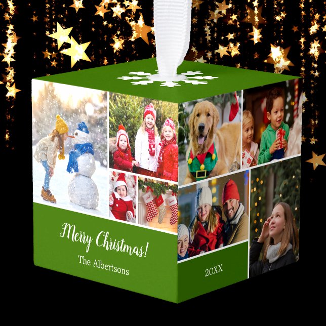 Christmas 15 Photo Collage with Family Name Green Cube Ornament (Creator Uploaded)