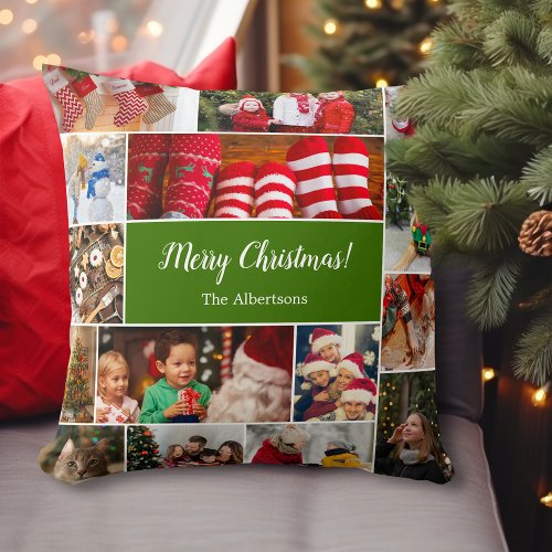 Christmas 15 Photo Collage with Family Name Green Throw Pillow