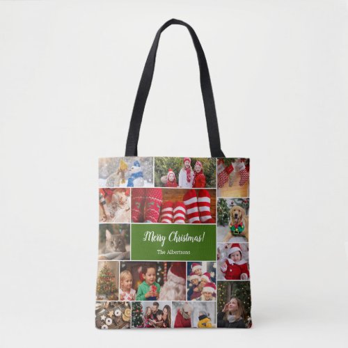 Christmas 15 Photo Collage with Family Name Green Tote Bag