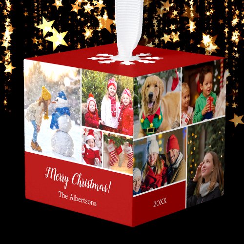 Christmas 15 Photo Collage with Family Name Red Cube Ornament