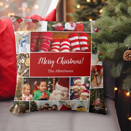 Christmas 15 Photo Collage with Family Name Red Throw Pillow