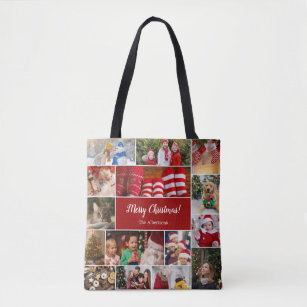Christmas 15 Photo Collage with Family Name Red Tote Bag