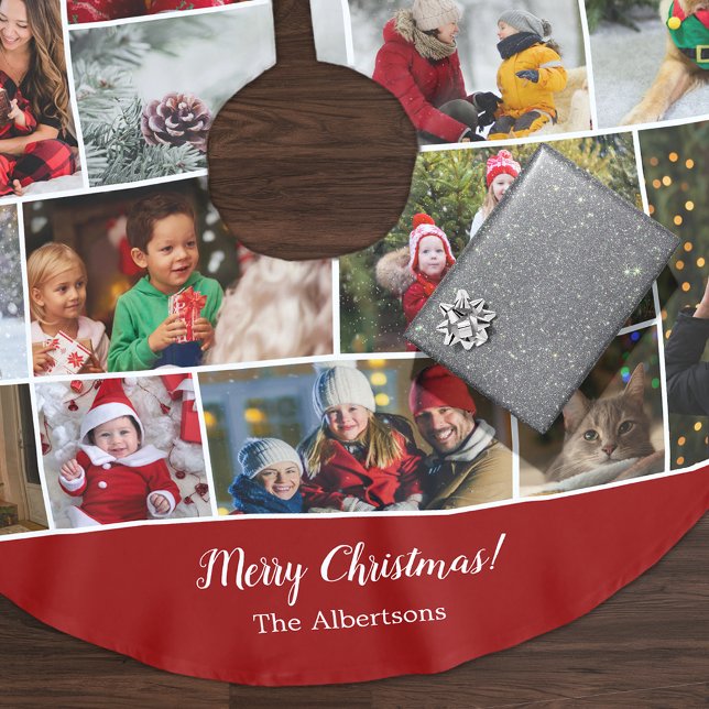 Christmas 16 Photo Collage with Family Name Red Brushed Polyester Tree Skirt (Creator Uploaded)