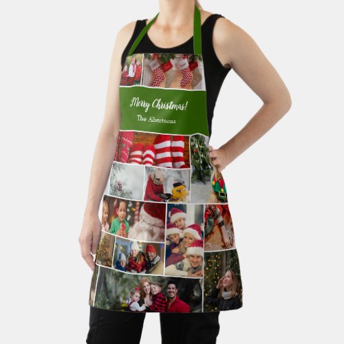 Christmas 17 Photo Collage with Family Name Green Apron