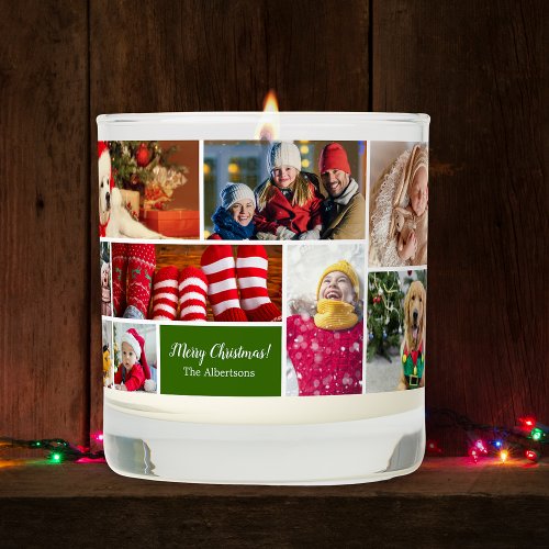 Christmas 17 Photo Collage with Family Name Green Scented Candle