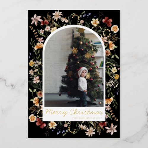 Christmas 1 Photo Arch Botanical Floral Real Gold  Foil Holiday Card