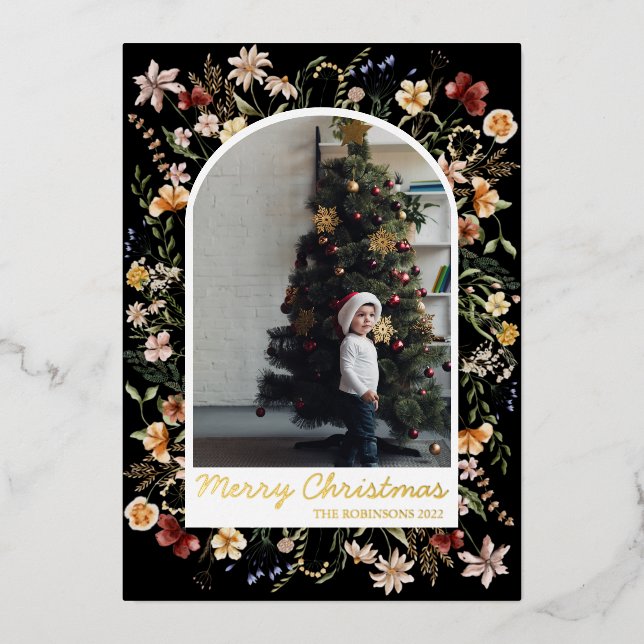 Christmas 1 Photo Arch Botanical Floral Real Gold  Foil Holiday Card (Front)