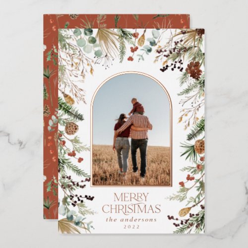 Christmas 1 photo arch watercolor botanical floral foil holiday card