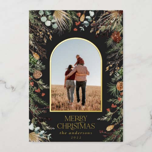 Christmas 1 photo arch watercolor botanical floral foil holiday card