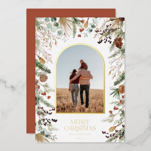 Christmas 1 photo arch watercolor botanical floral foil holiday card