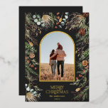 Christmas 1 photo arch watercolor botanical floral foil holiday card<br><div class="desc">Modern dark moody floral on trend dark elegant Christmas watercolor dried botanical muted colors holiday arch 1 photo Christmas card design.</div>