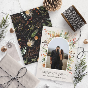 Christmas 1 photo arch watercolor botanical floral holiday card