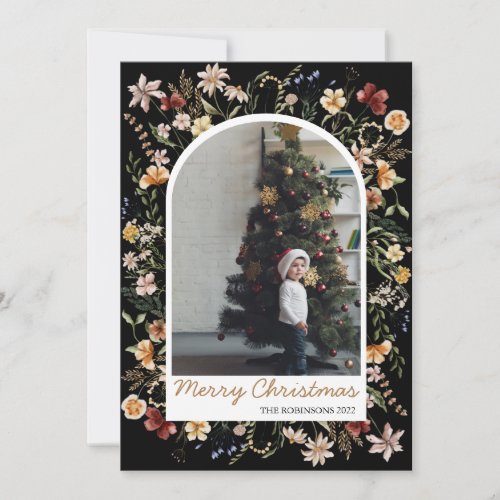 Christmas 1 Photo Arch Watercolor Botanical Floral Holiday Card