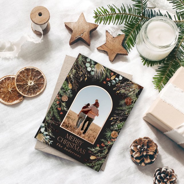 Christmas 1 photo botanical elegant foil holiday postcard (Creator Uploaded)