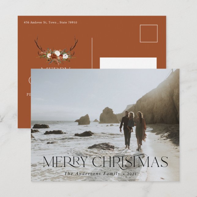 Christmas 1 photo botanical floral folded holiday postcard (Front/Back)