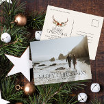 Christmas 1 photo botanical floral stag postcard<br><div class="desc">Merry Christmas modern elegant watercolor dried botanical floral stag sage green,  terracotta and black colors holiday 1 photo Christmas postcard.</div>