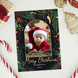 Christmas 1 Photo Elegant Festive Greenery Merry Holiday Card