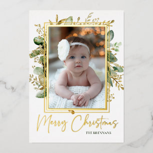Christmas 1 Photo Festive Botanical Elegant Foil Holiday Card