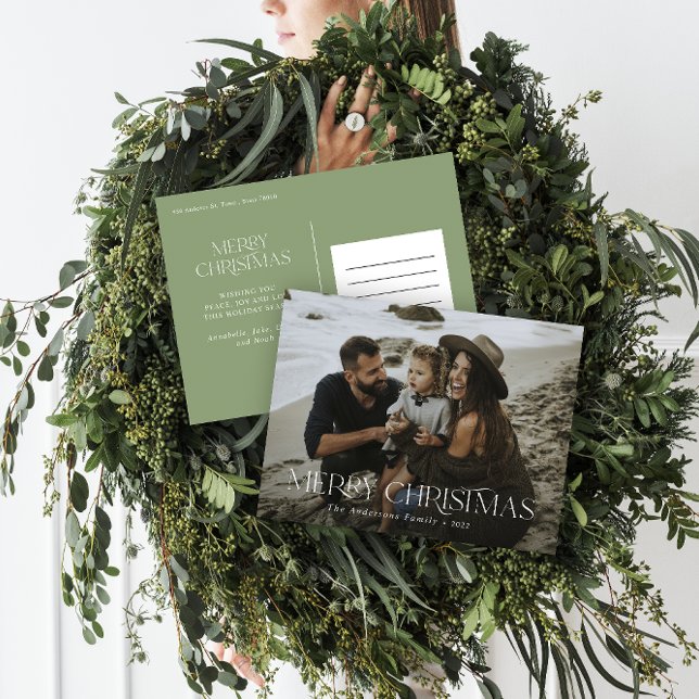 Christmas 1 photo sage green modern typography postcard (Creator Uploaded)