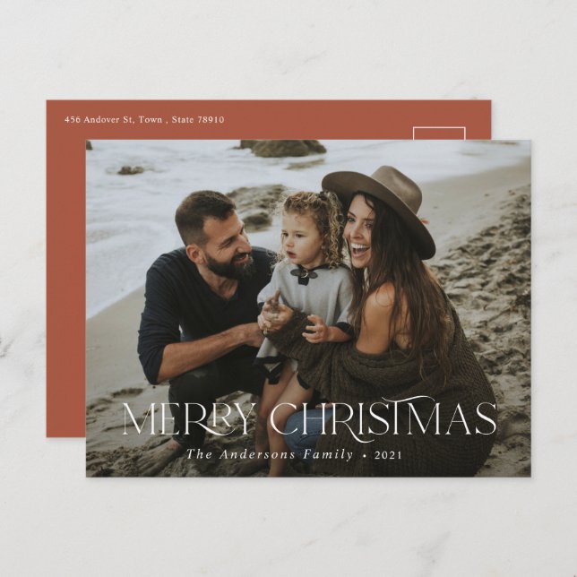 Christmas 1 photo terracotta modern typography postcard (Front/Back)
