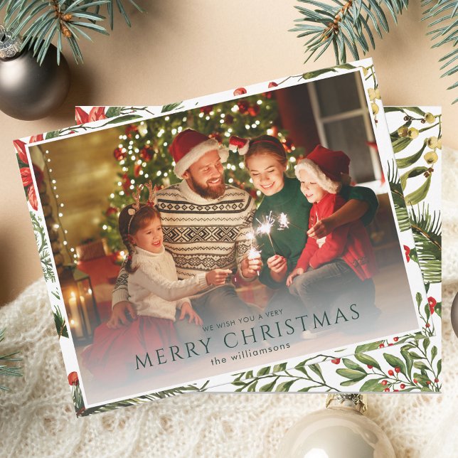 Christmas 1 Photo Watercolor Berries Floral Note Card (Christmas 1 Photo Watercolor Berries Floral Note Card)