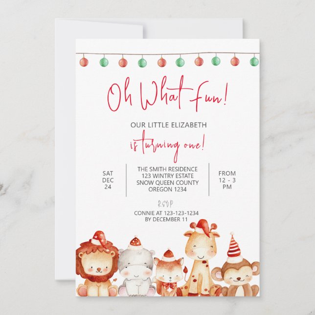 Christmas 1st Birthday, Animal Party, Santa Invitation (Front)