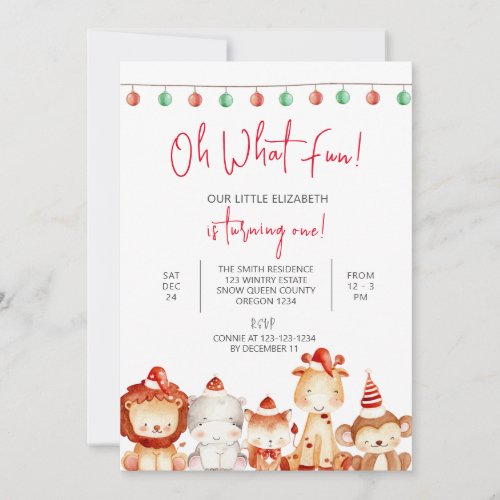 Christmas 1st Birthday Animal Party Santa Invitation