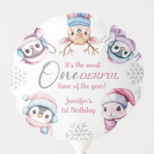 Christmas 1st Birthday Cute Pink Winter Animals Balloon