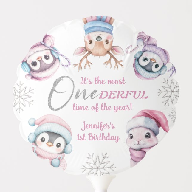 Christmas 1st Birthday Cute Pink Winter Animals Balloon (Front)