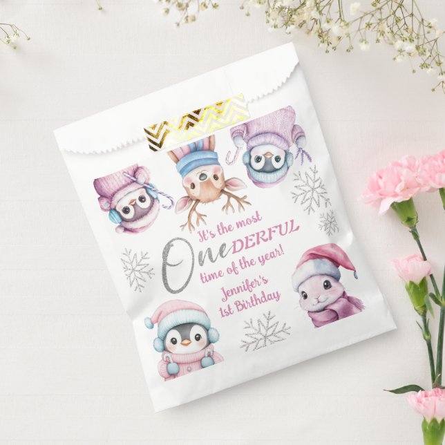 Christmas 1st Birthday Cute Pink Winter Animals Favor Bag (Sealed)