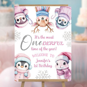 Christmas 1st Birthday Cute Pink Winter Animals Foam Board