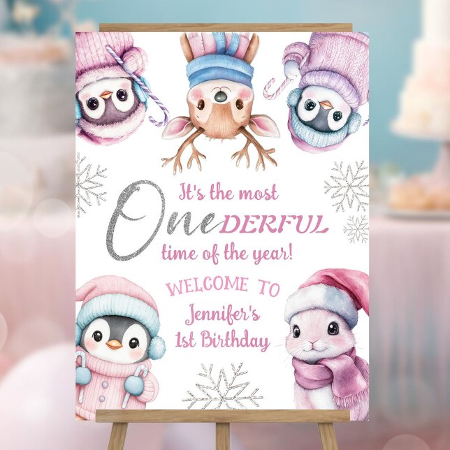 Christmas 1st Birthday Cute Pink Winter Animals Foam Board (Creator Uploaded)