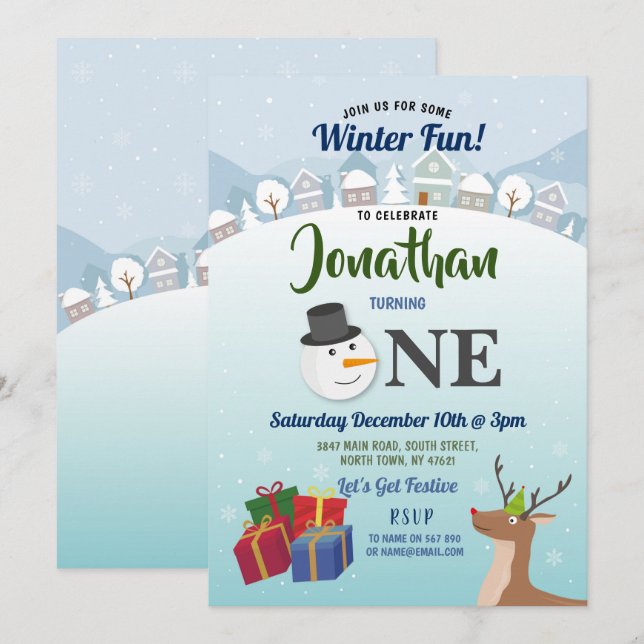 Christmas 1st Birthday Party Santa Snowman ONE Invitation (Front/Back)