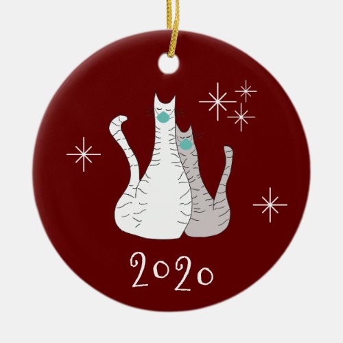 Christmas 2020 Cute Cats Face Masks Red Ceramic Ornament