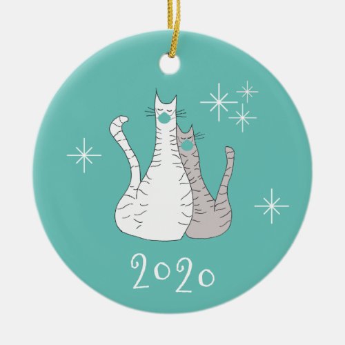 Christmas 2020 Cute Cats Trendy Teal Face Masks Ceramic Ornament