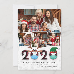 Christmas 2020 Funny Festive Masks & Plaid 4 Photo Holiday Card