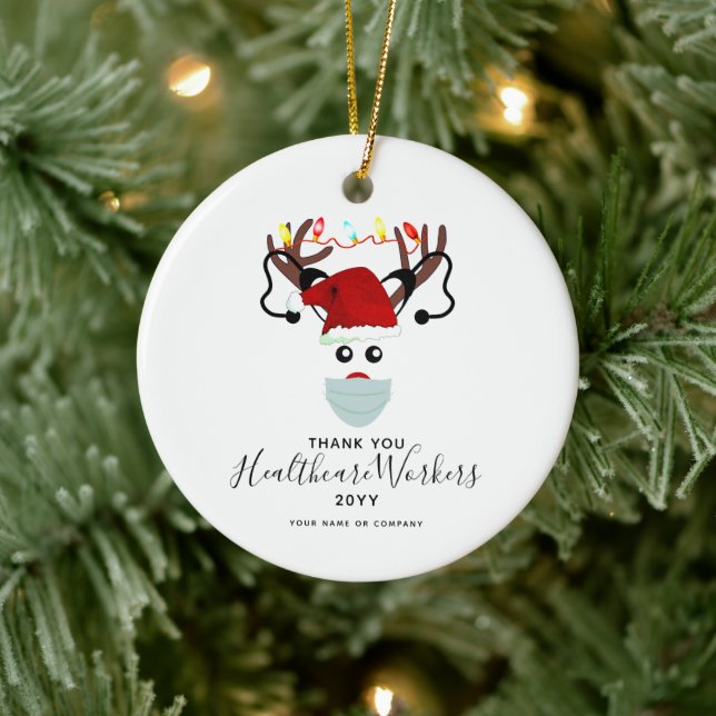 Christmas 2020 Healthcare Heroes Reindeer in Mask Ceramic Ornament (Tree)