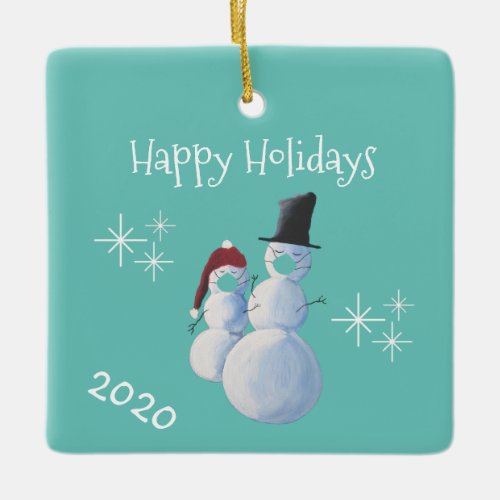 Christmas 2020 Retro Teal Face Masks Snowmen Ceramic Ornament