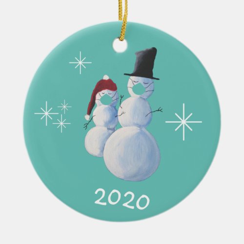 Christmas 2020 Trendy Snowmen Face Masks Teal Ceramic Ornament